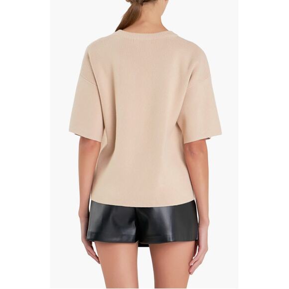 English Factory Ribbed Collar Knit Elbow Half Sleeves Sweater Top Beige L - Picture 3 of 11